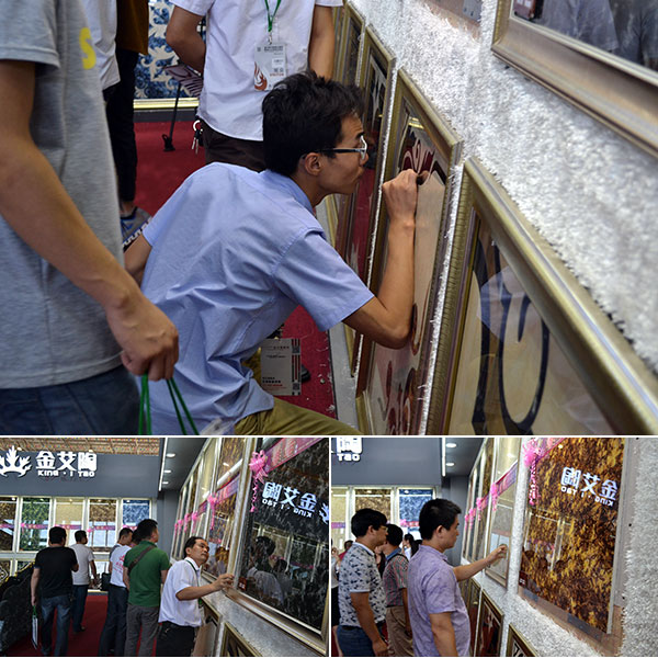 現場客商仔細觀摩金艾陶2.0道厚系列爆晶微晶石